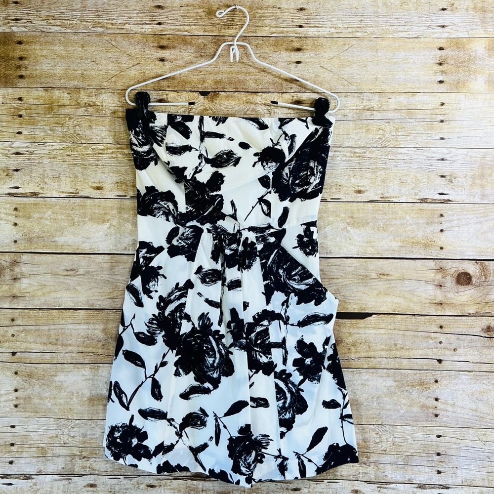 Ann Taylor Loft Womens Floral Strapless Mini Dress Black White Rose Print Size 0
